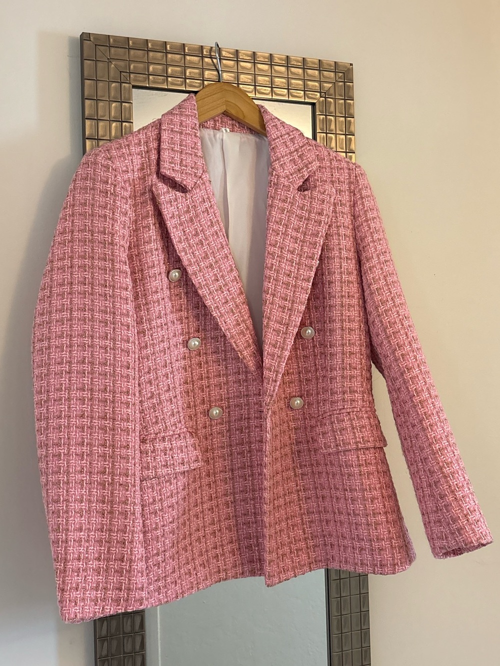 NWOT SHEIN Pink Tweed Double Breasted Blazer Pearl Buttons Size S